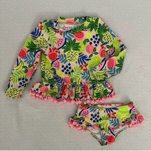 Nicole Miller Colorful Fruit Long Sleeve Swimsuit Set with Pom Pom Accents